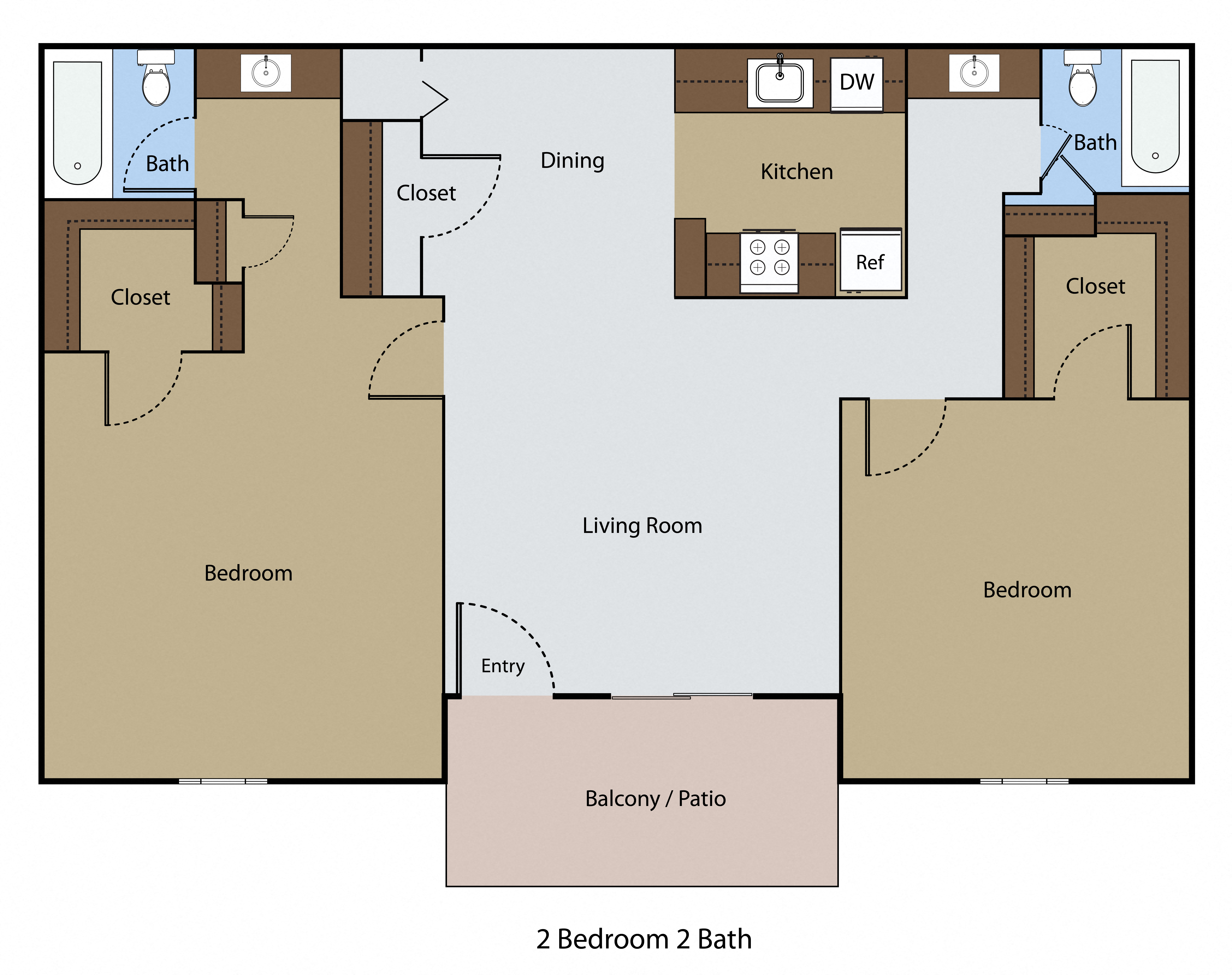 Floor plan for 2 beds, 2 baths, 950 sqft